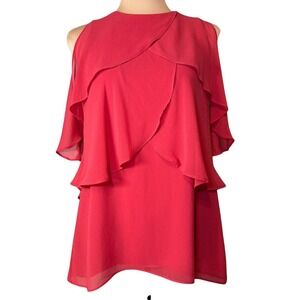 White House Black Market Red Ruffled Top Shirt Cold Shoulder Tiered Blouse Small